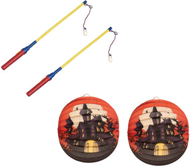 2x stuks ronde lampion 25 cm spookhuis inclusief lampionstokjes