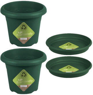 2x stuks ronde plantenpotten groen met opvangschaal dia 26 cm - Plantenpotten