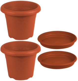 2x stuks ronde plantenpotten terra cotta met opvangschaal dia 26 cm - Plantenpotten Bruin