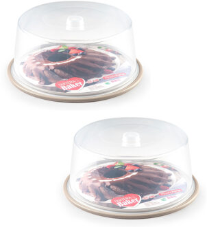 2x stuks ronde taart/gebak bewaardoos transparant 32 x 15 cm met taupe bodem