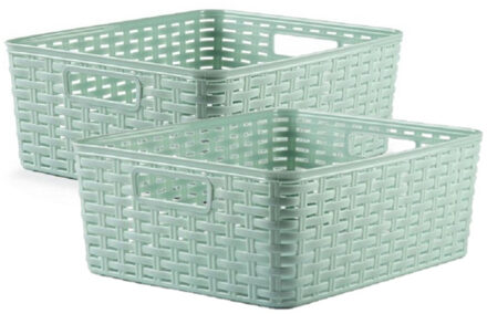 2x stuks rotan gevlochten opbergmand/opbergbox kunststof - Mintgroen - 28 x 36 x 13.5 cm