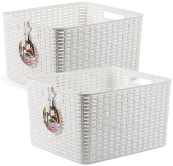 2x stuks rotan gevlochten opbergmand/opbergbox kunststof - wit - 34 x 40 x 23 cm