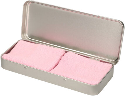 2x stuks roze sport zweetbandjes in metalen opslag/bewaar doosje