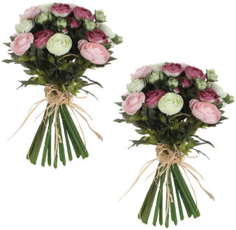 2x stuks roze/wit Ranunculus/ranonkel kunstbloemen boeket 35 cm - Kunstbloemen boeketten -  Bruidsboeketten