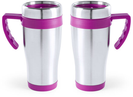 2x stuks rVS thermosbeker/warm houd beker roze 500 ml - Thermosbeker Multikleur