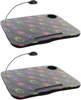 2x stuks schootkussens/laptrays met LED verlichting 48 x 38 cm gekleurde pauwenveren print