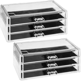 2x Stuks sieraden/make-up organizer 3 lades rechthoek 24 x 11 cm van kunststof - Make-up dozen Transparant