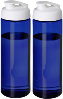 2x stuks sport bidon Hi-eco gerecycled kunststof - drinkfles/waterfles - blauw/wit - 850 ml