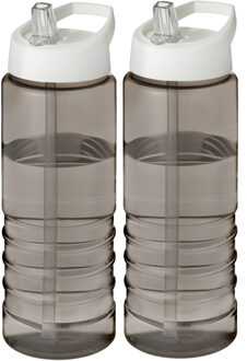 2x stuks sport bidon Hi-eco gerecycled kunststof - drinkfles/waterfles - donkergrijs/wit - 750 ml
