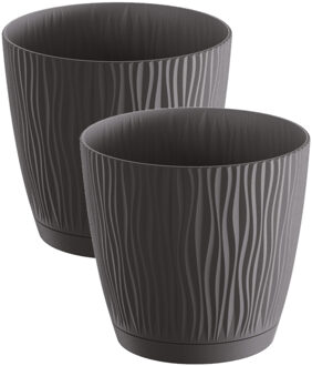 2x stuks stijlvolle kunststof plantenpot/bloempot dia 13 cm/hoogte 12 cm Waves antraciet grijs - Plantenpotten