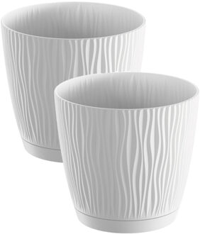 2x stuks stijlvolle kunststof plantenpot/bloempot dia 13 cm/hoogte 12 cm Waves wit - Plantenpotten