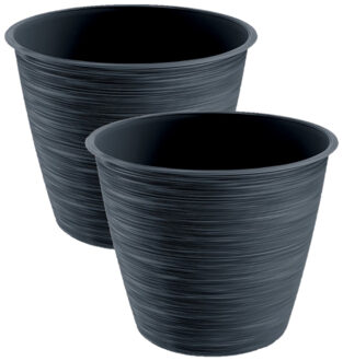 2x stuks stijlvolle kunststof plantenpot/bloempot dia 15 cm/hoogte 12.5 cm Paintstripe antraciet gri - Plantenpotten Grijs