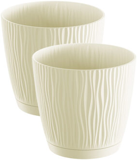 2x stuks stijlvolle kunststof plantenpot/bloempot dia 17 cm/hoogte 16 cm Waves creme wit - Plantenpotten Crème