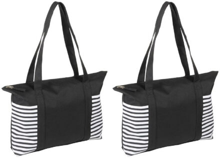 2x stuks strandtas/shopper zwart/wit met streepmotief 44 cm