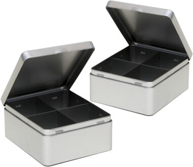2x stuks theedoos - 4-vaks - metaal - 15x13x7 cm - theekist - zilverkleurig