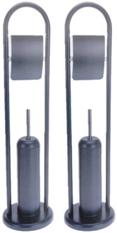 2x Stuks Toiletborstels Met Toiletrolhouder Navy Metaal 80 Cm - Toiletborstels