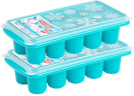 2x stuks Trays met dikke ronde blokken ijsblokjes/ijsklontjes vormpjes 10 vakjes kunststof blauw