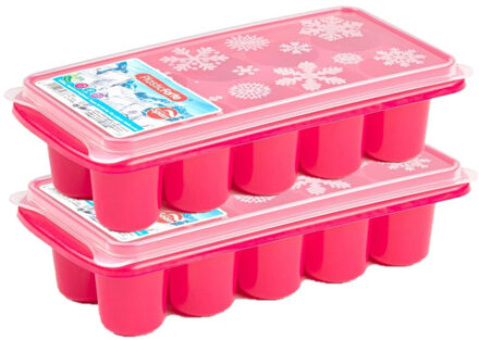 2x stuks Trays met dikke ronde blokken ijsblokjes/ijsklontjes vormpjes 10 vakjes kunststof roze