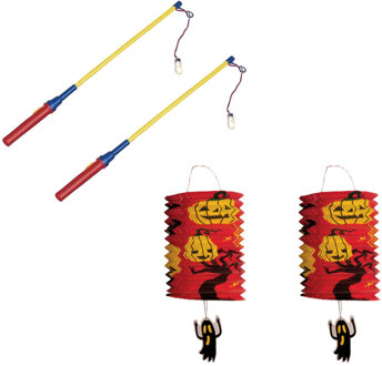 2x stuks treklampion 15 cm pompoen inclusief lampionstokjes