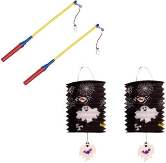 2x stuks treklampion 15 cm spook inclusief lampionstokjes