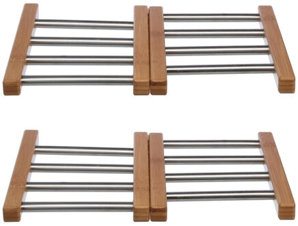 2x Stuks uitschuifbare/verstelbare pannen onderzetter bamboe/RVS 21 x 22 cm - Panonderzetters Bruin