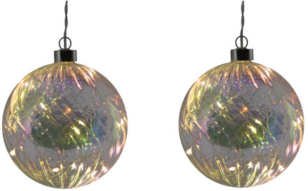 2x stuks verlichte glazen kerstballen met 10 lampjes transparant parelmoer 12 cm - kerstverlichting figuur