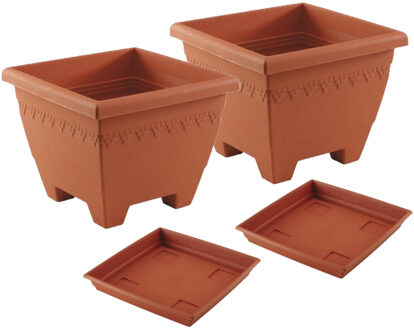 2x stuks vierkante plantenbakken terra cotta met opvangschaal 30 x 30 x 23 cm - Plantenbakken Bruin