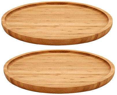 2x stuks voedsel/hapjes serveerplank van bamboe diameter 25 cm met rand - Serveerplanken Bruin