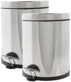 2x Stuks Vuilnisbakken/pedaalemmers Zilver 5 Liter 25 Cm Rvs - Prullenbakken Zilverkleurig