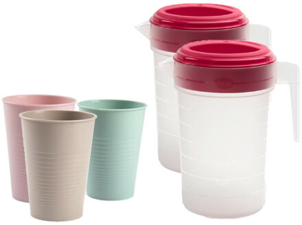 2x stuks water of limonade schenkkannen - sapkannen - 2 liter - 12x glazen kunststof