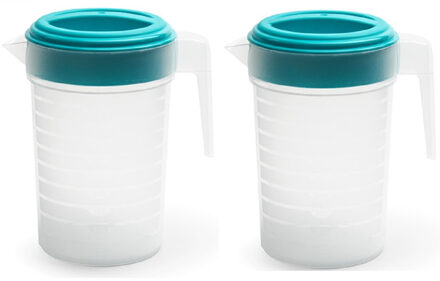2x stuks waterkan/sapkan transparant/blauw met deksel 1 liter kunststof