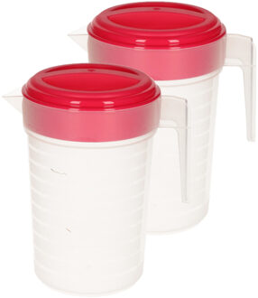 2x stuks waterkan/sapkan transparant/fuchsia roze met deksel 1 liter kunststof