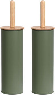 2x Stuks WC/Toiletborstel in houder metaal/bamboe hout - salie groen - 38 x 10 cm - Toiletborstels