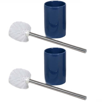 2x stuks wc/toiletborstels inclusief houders blauw/zilver 37 cm van RVS/keramiek - Toiletborstels Multikleur