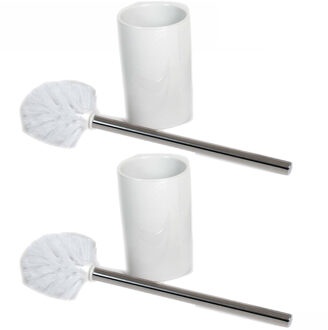 2x stuks wc/toiletborstels inclusief houders wit 37 cm van RVS /keramiek - Toiletborstels Multikleur