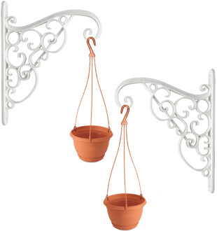 2x Stuks witte Akant sierlijke bloempothangers/bloempot haak met hangende bloempot terracotta 2 liter - Tuindecoratie