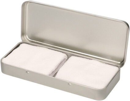 2x stuks witte sport zweetbandjes in metalen opslag/bewaar doosje
