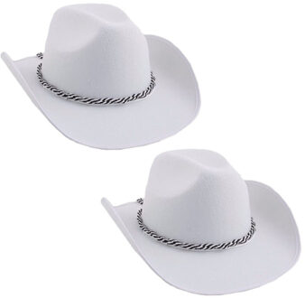 2x stuks witte verkleed cowboyhoeden met koord - Carnaval hoeden - Western thema