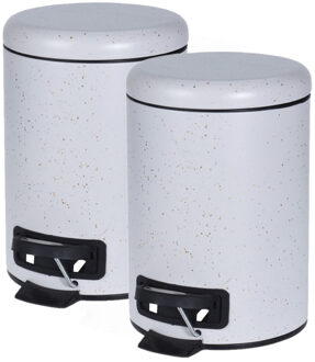 2x stuks witte vuilnisbakken/pedaalemmers met spikkels 3 liter