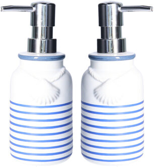 2x stuks zeeppompje/dispenser kunststeen/rvs in kleur wit/blauw 18 cm