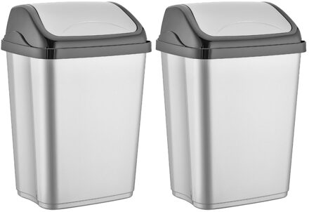 2x stuks zilver/zwarte vuilnisbak/vuilnisemmer kunststof 26 liter - Prullenbakken/afvalbakken - Kantoor/keuken prullenbakken