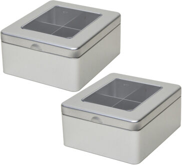 2x stuks zilveren 4-vaks theedoos/theekist met venster - 15 x 13 x 7 cm