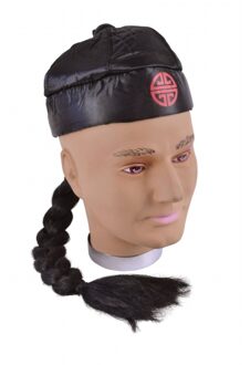 2x stuks zwart Chinees hoedje met vlecht - Carnaval verkleed hoeden