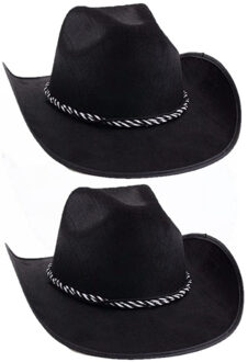 2x stuks zwarte cowboyhoeden met koord voor volwassenen. Carnaval en verkleed hoeden. Western, sheriff, cowboys