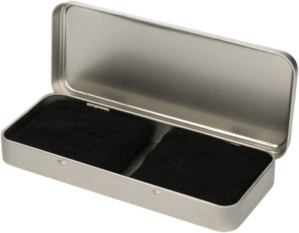 2x stuks zwarte sport zweetbandjes in metalen opslag/bewaar doosje