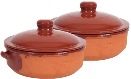 2x Terracotta braadpannen/ovenschalen klein met deksel 24 cm - Braadpannen Bruin