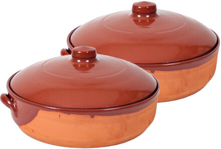 2x Terracotta braadpannen/ovenschalen met deksel 28 cm - Braadpannen Bruin