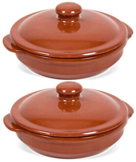 2x Terracotta stoofpotten/ovenschalen met deksel 13 cm - Braadpannen Bruin