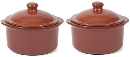 2x Terracotta stoofpotten/ovenschalen met deksel 18 cm - Braadpannen Bruin