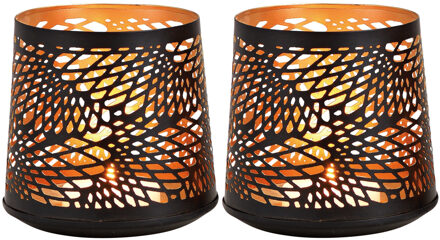 2x Theelichthouders/waxinelichthouders windlichten zwart/goud abstract vleugel patroon 13 cm